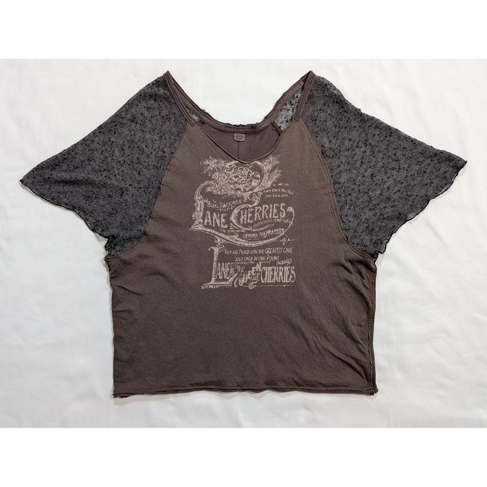 We The Free People Graphic Tee Women M Brown Lace Sleeve Top T-Shirt